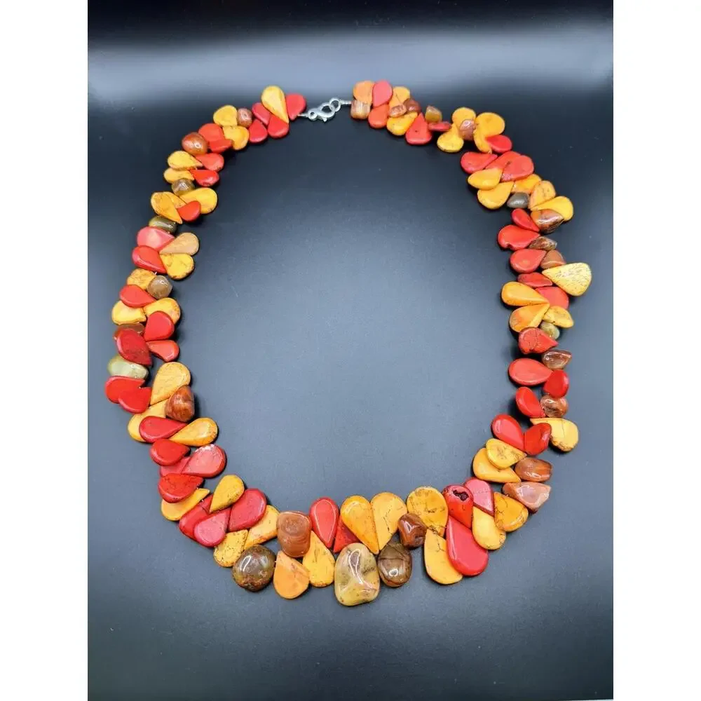 Artisan Statement Necklace Orange Red Dyed Teardrop & Natural Agate Silver Clasp